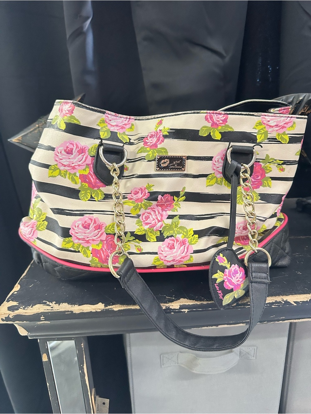 Floral Stripe Tote Bag with Pink Roses and Black Accents